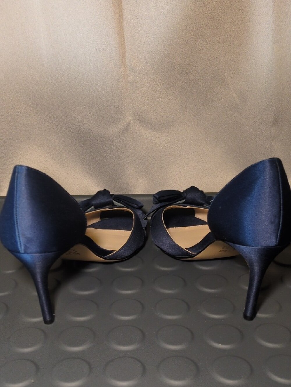 Nina Navy Satin Peep-Toe Heels with Front Bow Accent - Picture 5 of 7